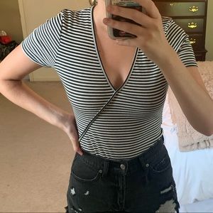 Black & White Striped V-Neck Bodysuit